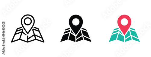 location marker icon set, map pin and navigation symbols,  route planning and destination search concept, travel and direction signs, address finder pictogram, modern simple vector design.