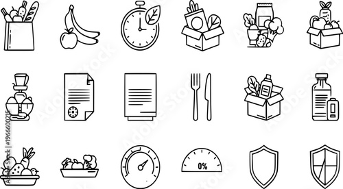 Comprehensive graphic illustration collection featuring various health, diet, and grocery shopping related symbols for healthy lifestyle, cooking, recipe management, and wellness applications design