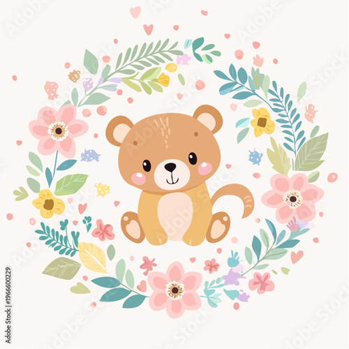 Cute baby bear illustration nestled in a charming pastel floral wreath, perfect for nursery decor, baby shower invitations, and children's art
