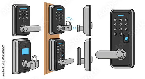 A modern electronic door lock with various components and installation steps illustrated in a vector graphic
