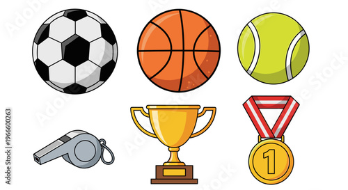 A colorful vector graphic illustration of sports icons including balls, trophy, medal, and whistle
