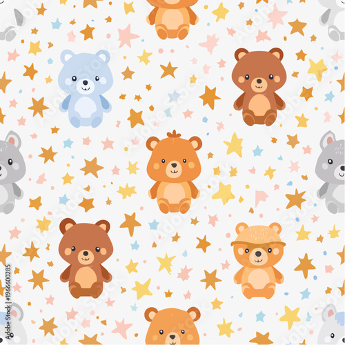 Adorable seamless pattern featuring cute baby bears surrounded by shimmering stars and celestial elements, perfect for nursery decor and children's designs