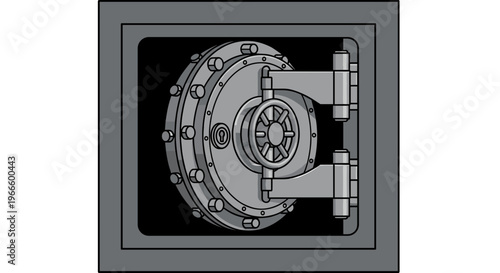 A gray vector graphic illustration of a safe with a black background and gray border