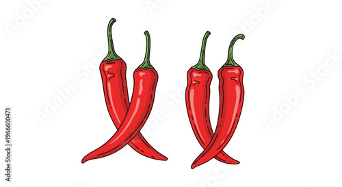Four fresh red chili peppers arranged in pairs with green stems illustrated in a detailed hand-drawn style on white background.