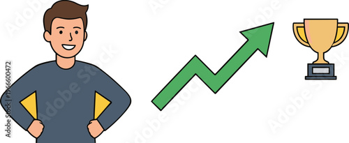 A man stands confidently next to a rising green arrow pointing towards a trophy.