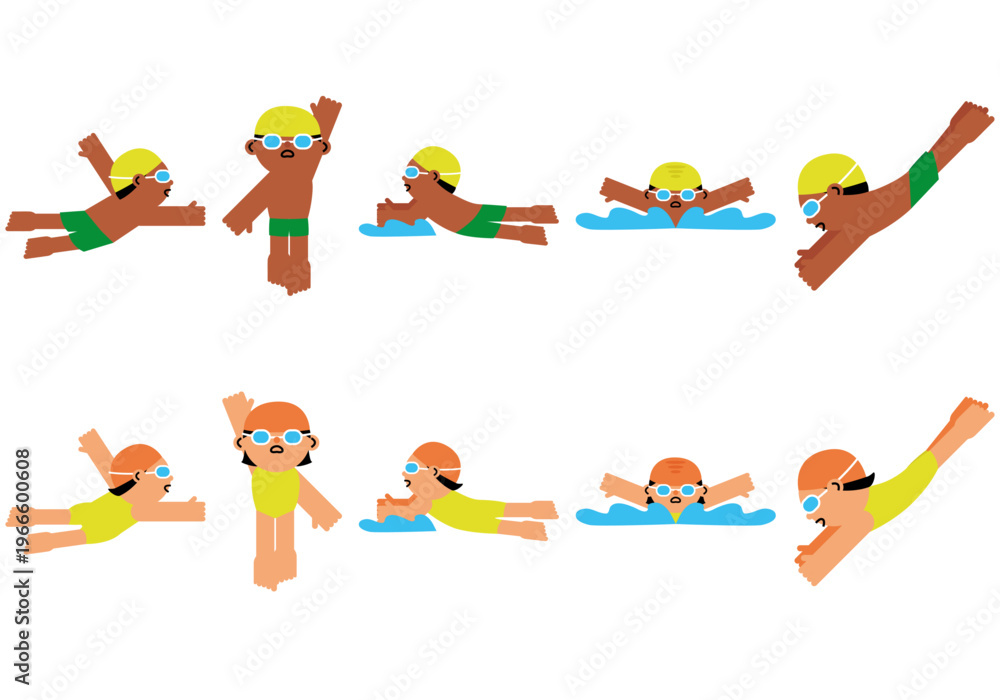 Obraz premium Swimming-Poses-Set-Freestyle-Backstroke-Breaststroke-and-Diving