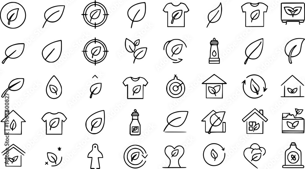 Fototapeta premium Collection of nature and organic leaf icons representing environmental sustainability, green energy, recycled products, and healthy lifestyle concepts, perfect for modern design projects