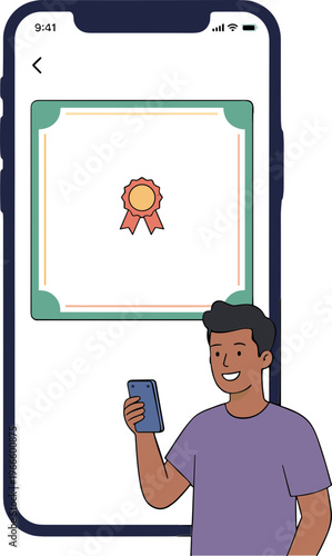 A man holds a phone and displays a certificate on the screen indoors