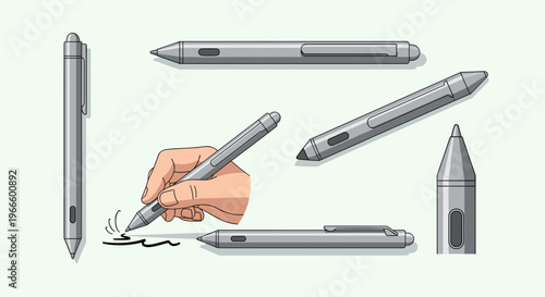 A hand holding a stylus pen with multiple views of the device on a white background