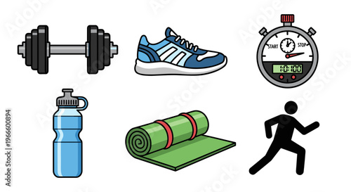 A vector graphic illustration of various fitness icons and equipment on a white background