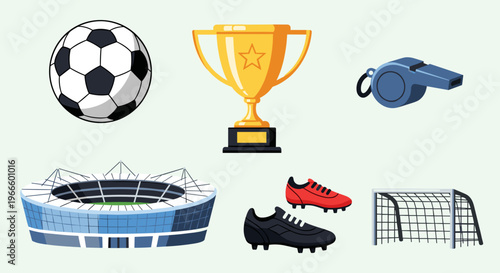 A colorful vector graphic illustration of various soccer icons and equipment on a light background