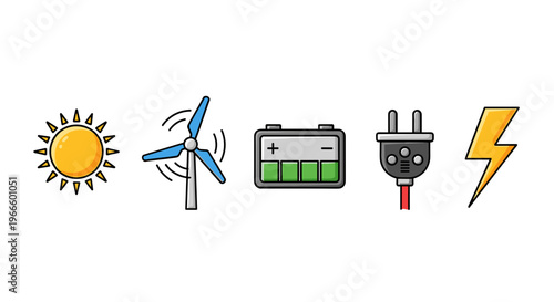 A set of icons representing renewable energy sources and electrical power