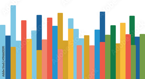 A colorful bar graph illustration with various bars of different heights and colors on a white background
