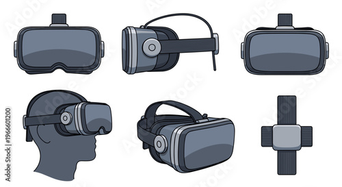 A set of six gray virtual reality headsets in various views and a controller on a white background