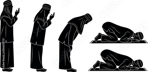 Black Silhouette Illustration of a Muslim Man Performing Different Steps of Salah Prayer Including Standing Bowing and Prostrating on Rug