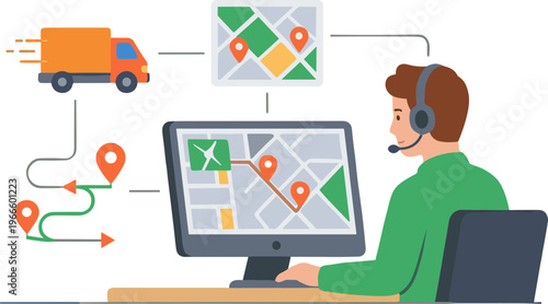 Logistics manager using a computer to track delivery routes on a map