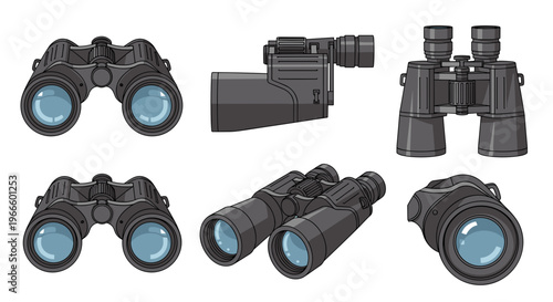 A set of black binoculars and monoculars on a white background