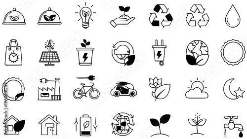 Collection depicting eco-friendly Ecology  green environment vector nature conservation, renewable energy, recycling, and environmental protection concepts. Perfect modern simple design elements