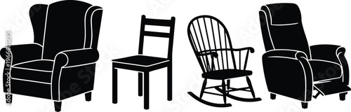 Black silhouette chairs including armchair, dining chair, rocking chair, recliner, furniture icons showing comfort and design illustration