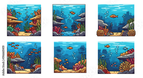 A colorful underwater scene with six identical ocean illustrations featuring fish and coral.