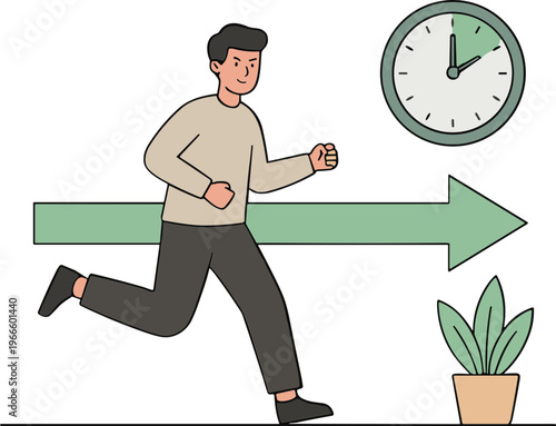 Man running quickly past a clock and plant with an arrow