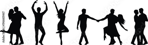 Black silhouette dancing couples performing various poses, partner dance movements with rhythm, motion, embrace, expressive illustration design
