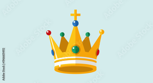 A colorful crown icon with jewels and a cross on a light blue background