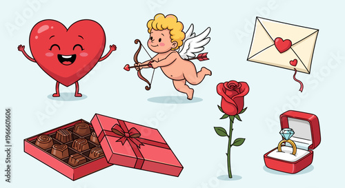 A colorful vector illustration of Valentine's Day icons and symbols in a flat design style