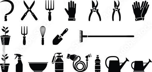 Black silhouette gardening tools icons including sickle, shears, rake, trowel, watering cans, hose, spray bottle, gloves, plants