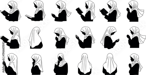 Set of Muslim woman silhouettes wearing hijab reading book and praying in different poses isolated on white background vector illustration
