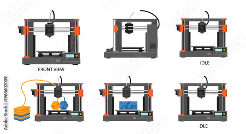 A set of six 3D printer illustrations in various views and configurations on a white background