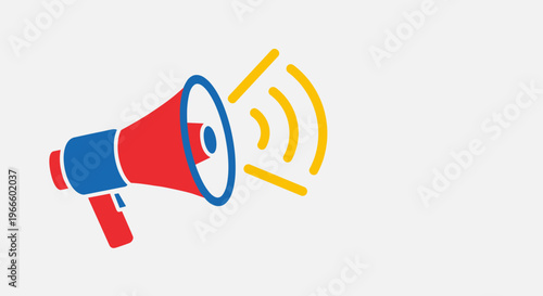 A colorful vector graphic of a megaphone with sound waves on a white background