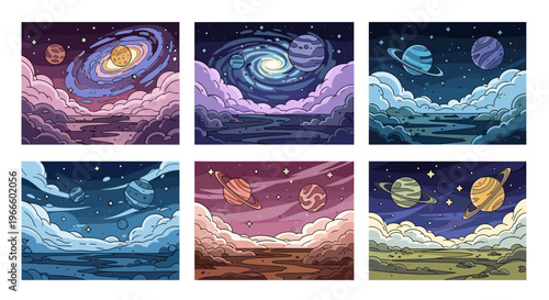 A vibrant illustration of six celestial scenes with planets and clouds in a vector graphic design