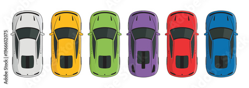 Cartoon top view of six colorful cars parked in a row white, yellow, green, purple, red, and blue for parking lot, transportation system, traffic, and automotive design illustrations.