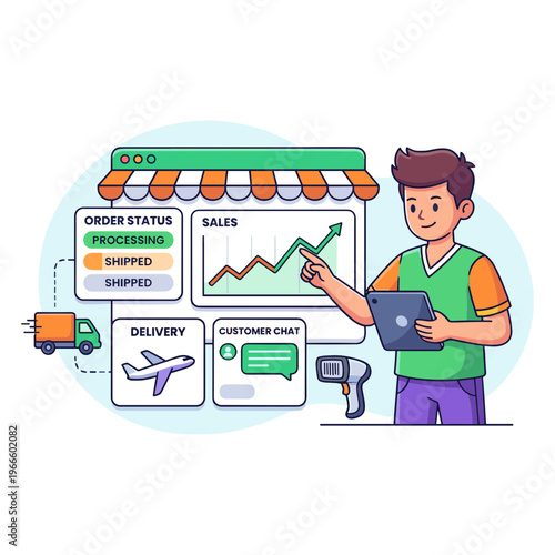 Man analyzing sales data on tablet with delivery and customer service icons