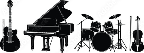 Black silhouette icons of musical instruments including acoustic guitar, grand piano, drum set, violin with bow illustration