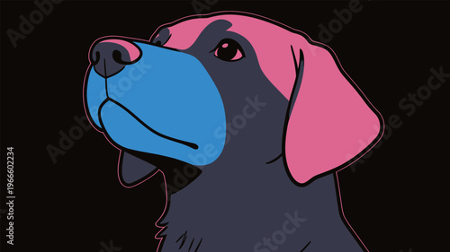 Colorful dog illustration with blue and pink features standing out against a dark background