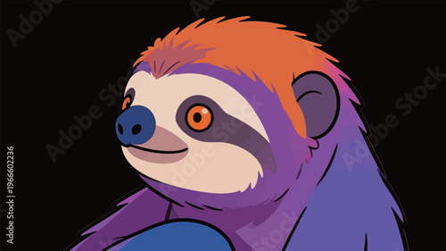 Sloth with colorful fur in a digital art setting, showing playful expression and engaging eyes at an unknown time