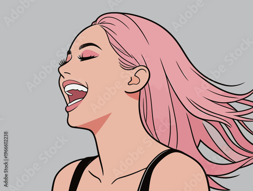 Happy woman laughing with pink hair and flowing locks against a soft gray background in a bright and lively moment
