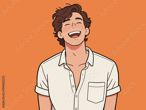 Young man smiles with joy against an orange background in a casual shirt during a bright and happy moment