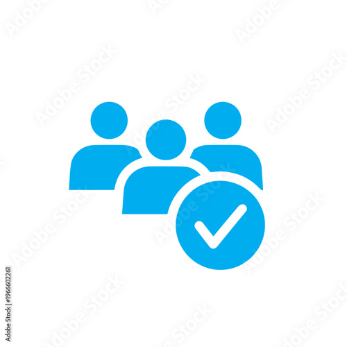 Bright cyan filled icon illustrates a verified community or successful team enrollment status using a central check symbol.