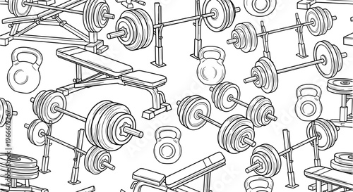 A detailed illustration of various gym equipment in a minimalist line art style
