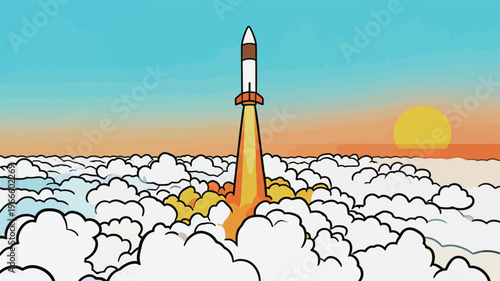 Rocket launches into clouds at sunset with bright colors and a clear sky