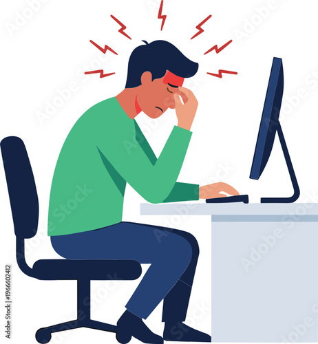Man experiencing stress while working on computer at office desk