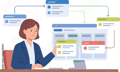 A woman analyzes data on a large computer screen at her desk.