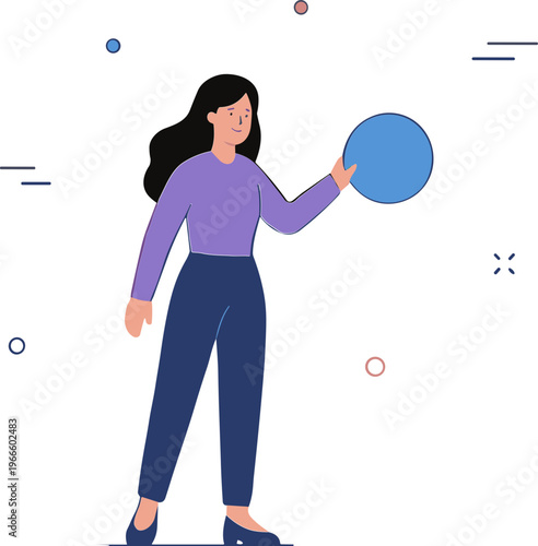 Woman standing indoors holding a blue disc with her right hand.