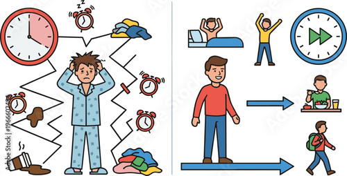 Man transforms from stressed morning routine to productive day