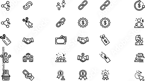 Marketing and E-commerce Vector Icon Set Illustration for Digital Strategy, Online Business, Referral Programs, Partnership, Discount Codes, Customer Engagement, and Transaction Concepts