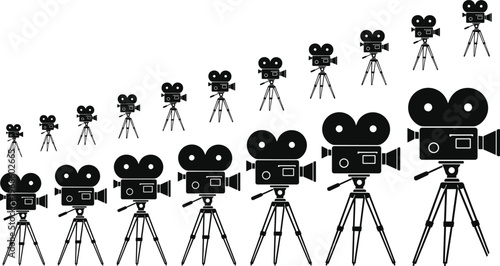 Black silhouette vintage film cameras on tripods arranged in diagonal grid pattern, retro cinema photography illustration design