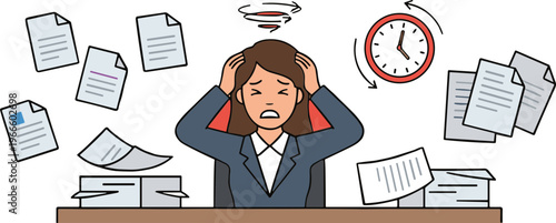 A stressed woman sits at her desk overwhelmed by papers and deadlines.